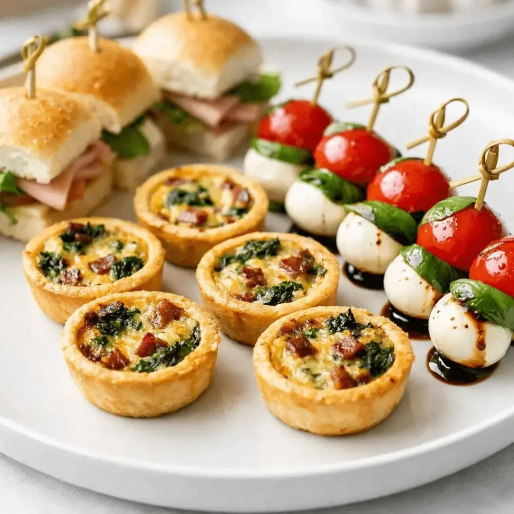 Bandeja com mini quiches e espetinhos caprese elegantes