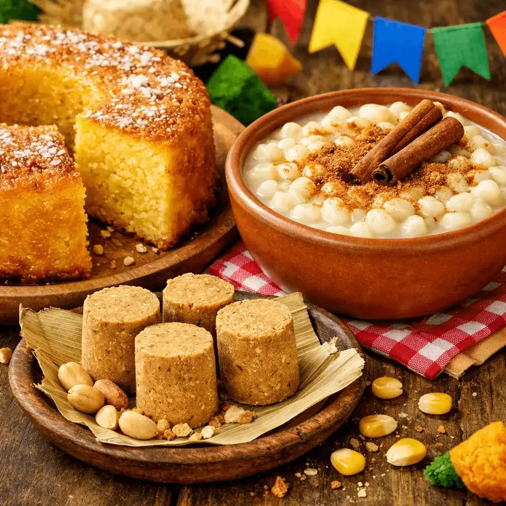 Bolo de milho, canjica e paçoca em mesa junina