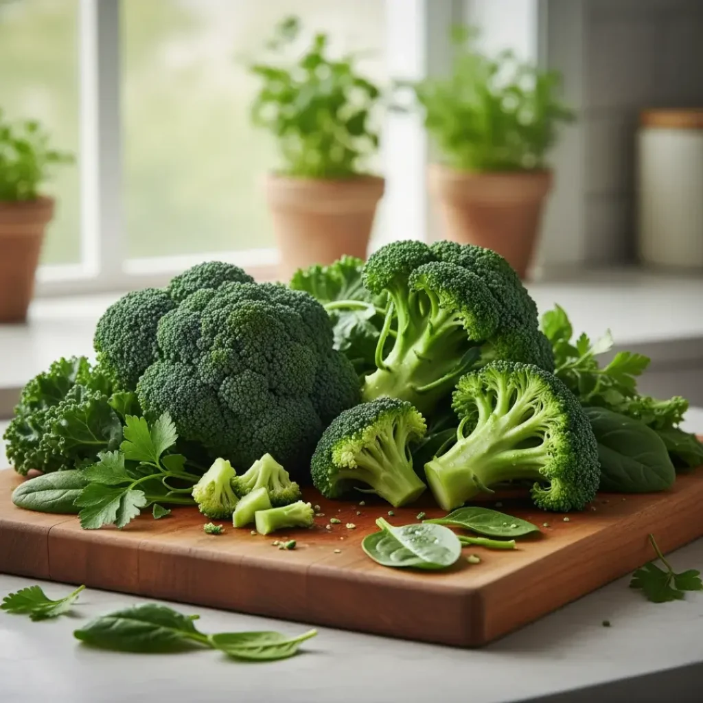 Brócolis, espinafre e outras folhas verdes em uma tábua de madeira.