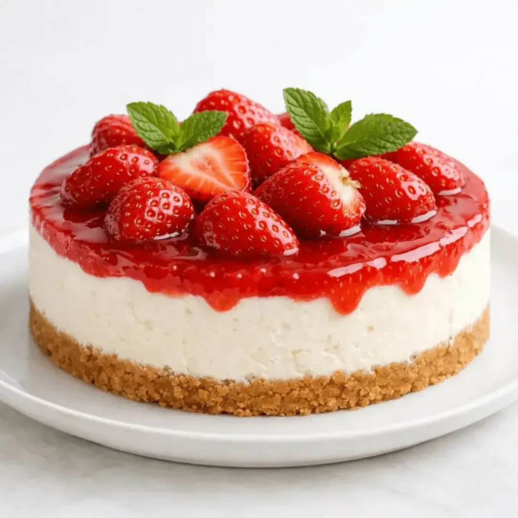 Cheesecake de morango decorado com hortelã em prato branco