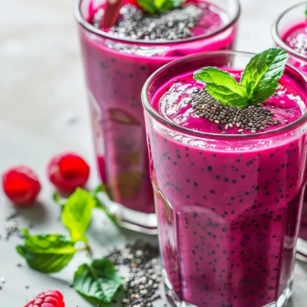 Copo de smoothie rosa de morango decorado com sementes de chia e mirtilos no topo.