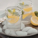 Copo de vidro transparente com água, gelo, fatias de limão siciliano e folhas de hortelã fresca.