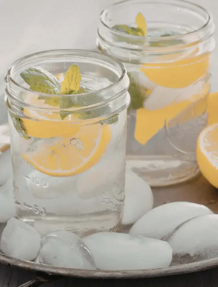 Copo de vidro transparente com água, gelo, fatias de limão siciliano e folhas de hortelã fresca.