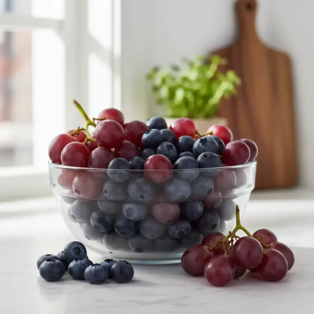 Cumbuca de vidro com uvas roxas frescas e mirtilos.