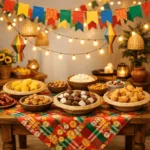 Decoração de festa junina em casa com bandeirinhas e mesa rústica