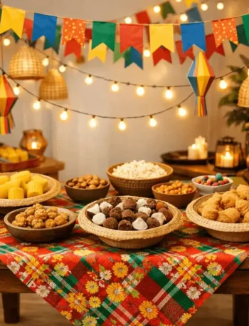 Decoração de festa junina em casa com bandeirinhas e mesa rústica