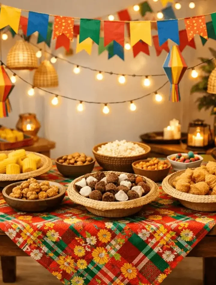 Decoração de festa junina em casa com bandeirinhas e mesa rústica