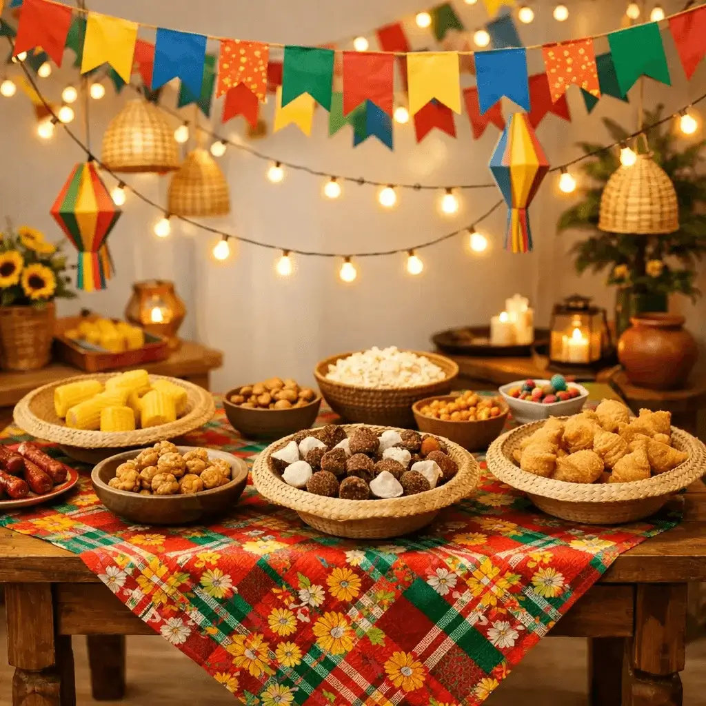 Decoração de festa junina em casa com bandeirinhas e mesa rústica