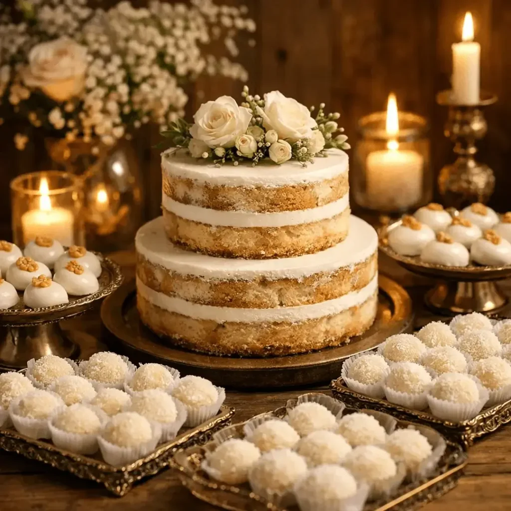 Estação de doces de casamento com naked cake e docinhos finos