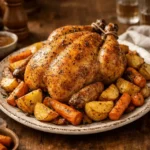 Frango assado dourado com batatas e cenouras em travessa rústica