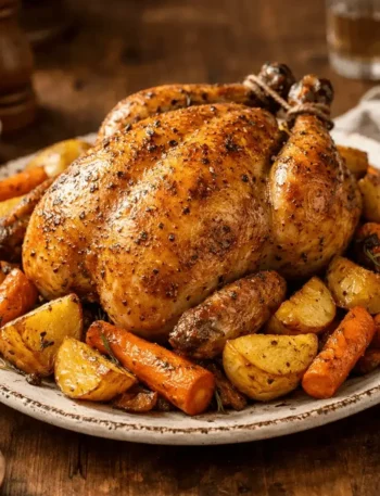 Frango assado dourado com batatas e cenouras em travessa rústica