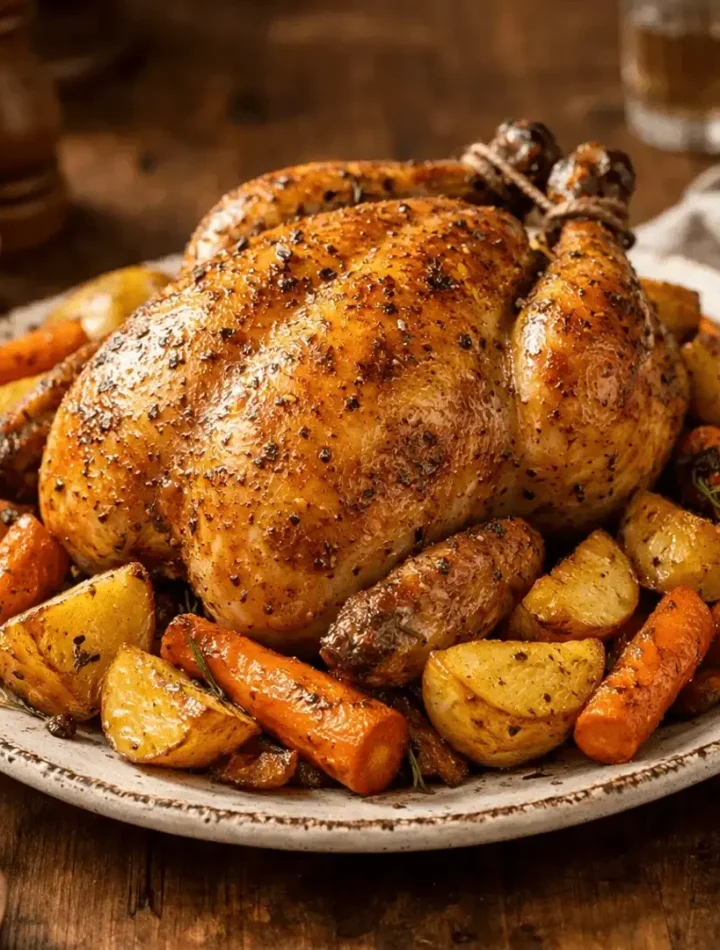 Frango assado dourado com batatas e cenouras em travessa rústica