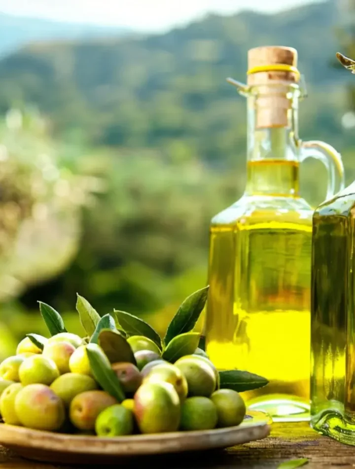 Garrafa de vidro com azeite de oliva dourado ao lado de um ramo de oliveira e azeitonas frescas.