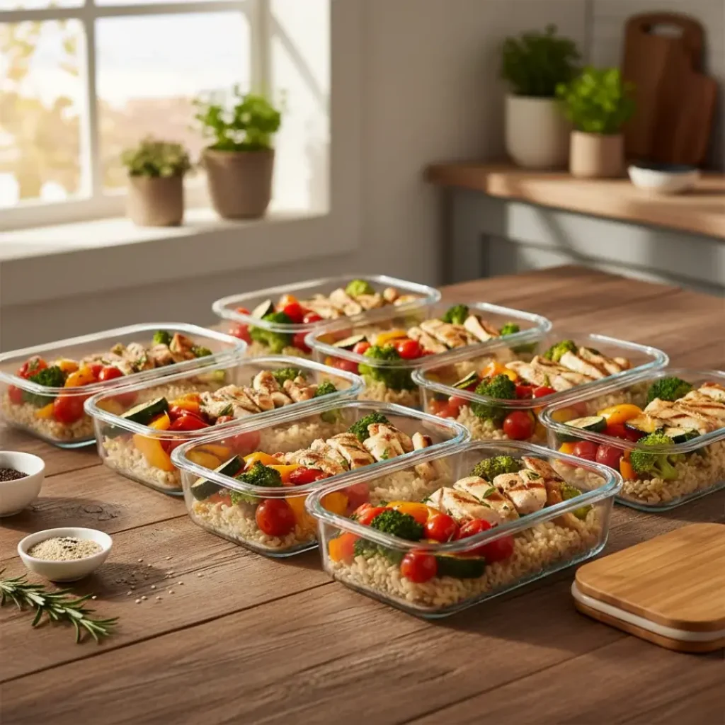 Marmitas de vidro com vegetais, arroz integral e frango grelhado organizadas sobre mesa de madeira.