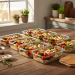 Marmitas de vidro com vegetais, arroz integral e frango grelhado organizadas sobre mesa de madeira.