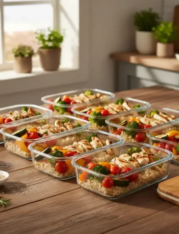 Marmitas de vidro com vegetais, arroz integral e frango grelhado organizadas sobre mesa de madeira.