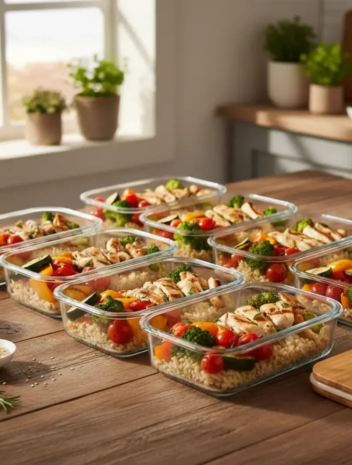 Marmitas de vidro com vegetais, arroz integral e frango grelhado organizadas sobre mesa de madeira.