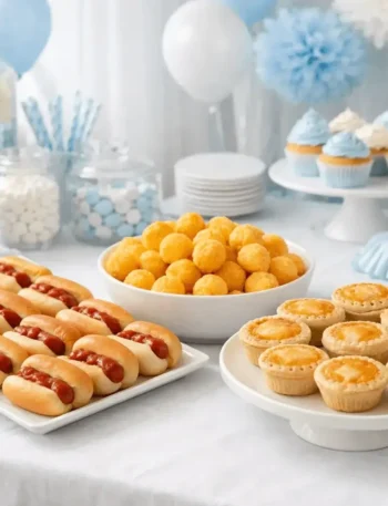 Mesa de buffet de chá de bebê com mini salgados e decorações suaves