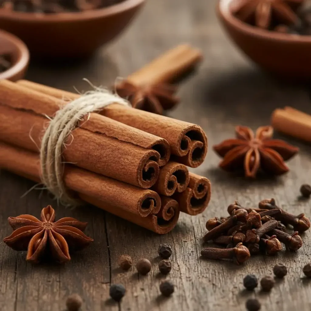 Paus de canela amarrados com barbante ao lado de especiarias em grãos.