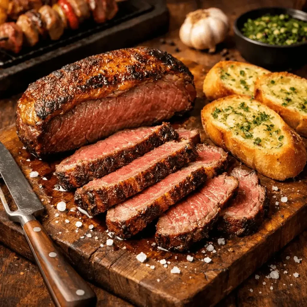 Picanha fatiada em tábua de madeira com pão de alho para o Dia dos Pais
