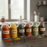Potes de vidro com diferentes tipos de especiarias coloridas como páprica, cúrcuma e pimenta.