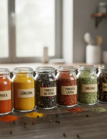 Potes de vidro com diferentes tipos de especiarias coloridas como páprica, cúrcuma e pimenta.