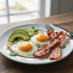 Prato branco com dois ovos fritos, fatias de abacate e bacon crocante.