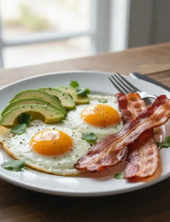 Prato branco com dois ovos fritos, fatias de abacate e bacon crocante.