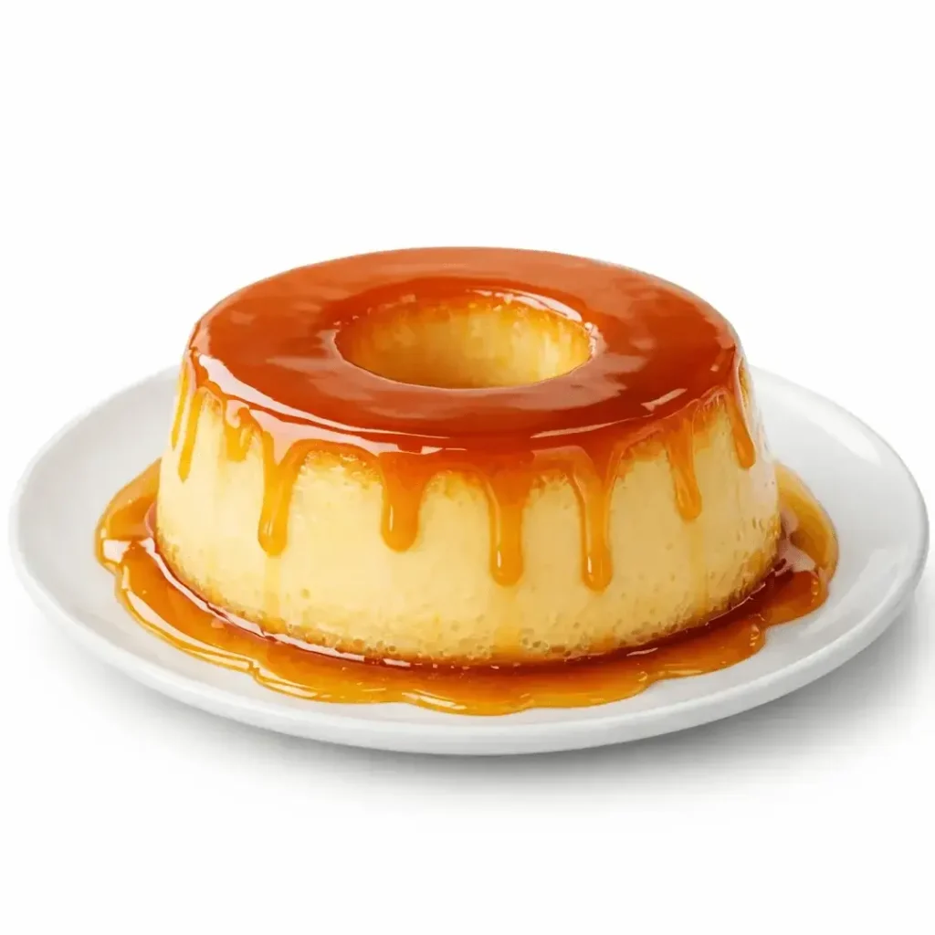 Pudim de leite condensado com calda de caramelo em prato branco