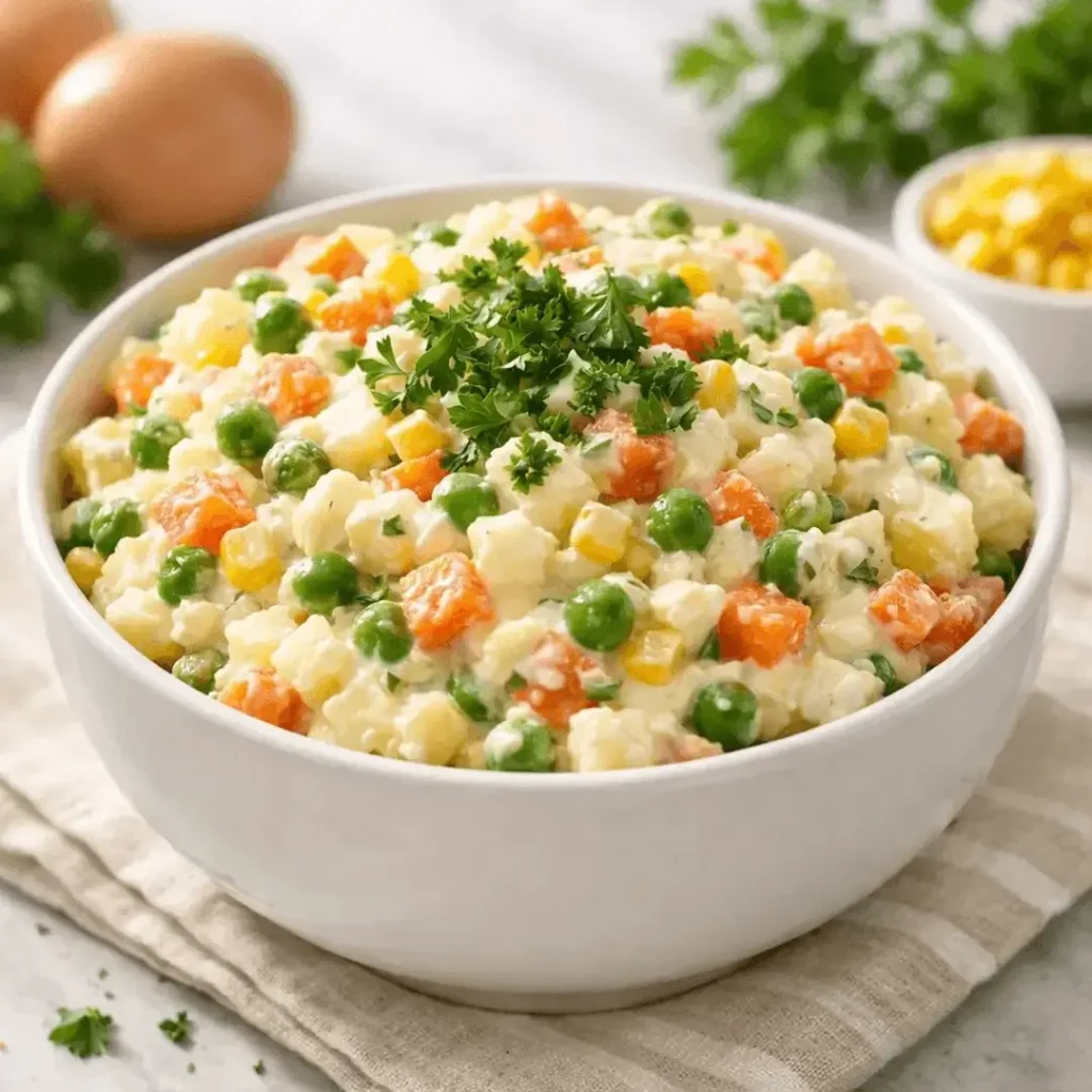 Tigela de salada de maionese tradicional com legumes e salsa