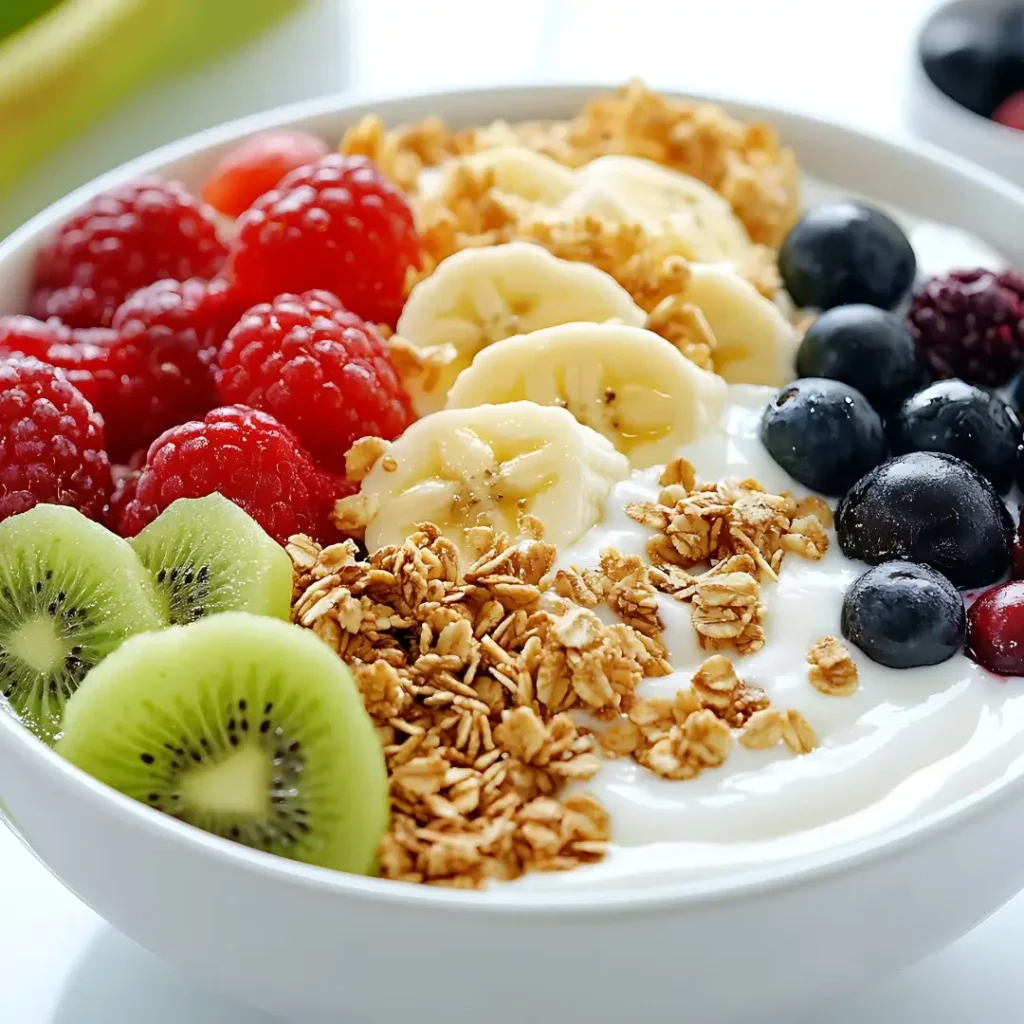 Tigela de vidro com camadas de iogurte grego branco, morangos fatiados e granola.