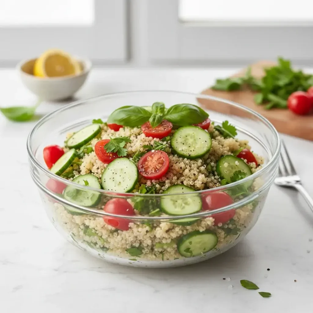 Tigela de vidro com quinoa cozida, tomates cereja, pepino e ervas frescas.