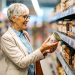 Uma pessoa segurando uma embalagem de alimento e lendo atentamente as letras pequenas no verso em um corredor de supermercado.