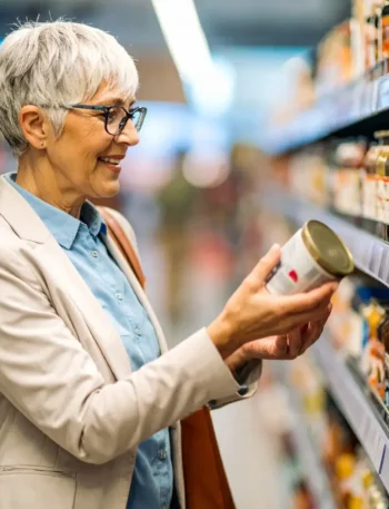 Uma pessoa segurando uma embalagem de alimento e lendo atentamente as letras pequenas no verso em um corredor de supermercado.