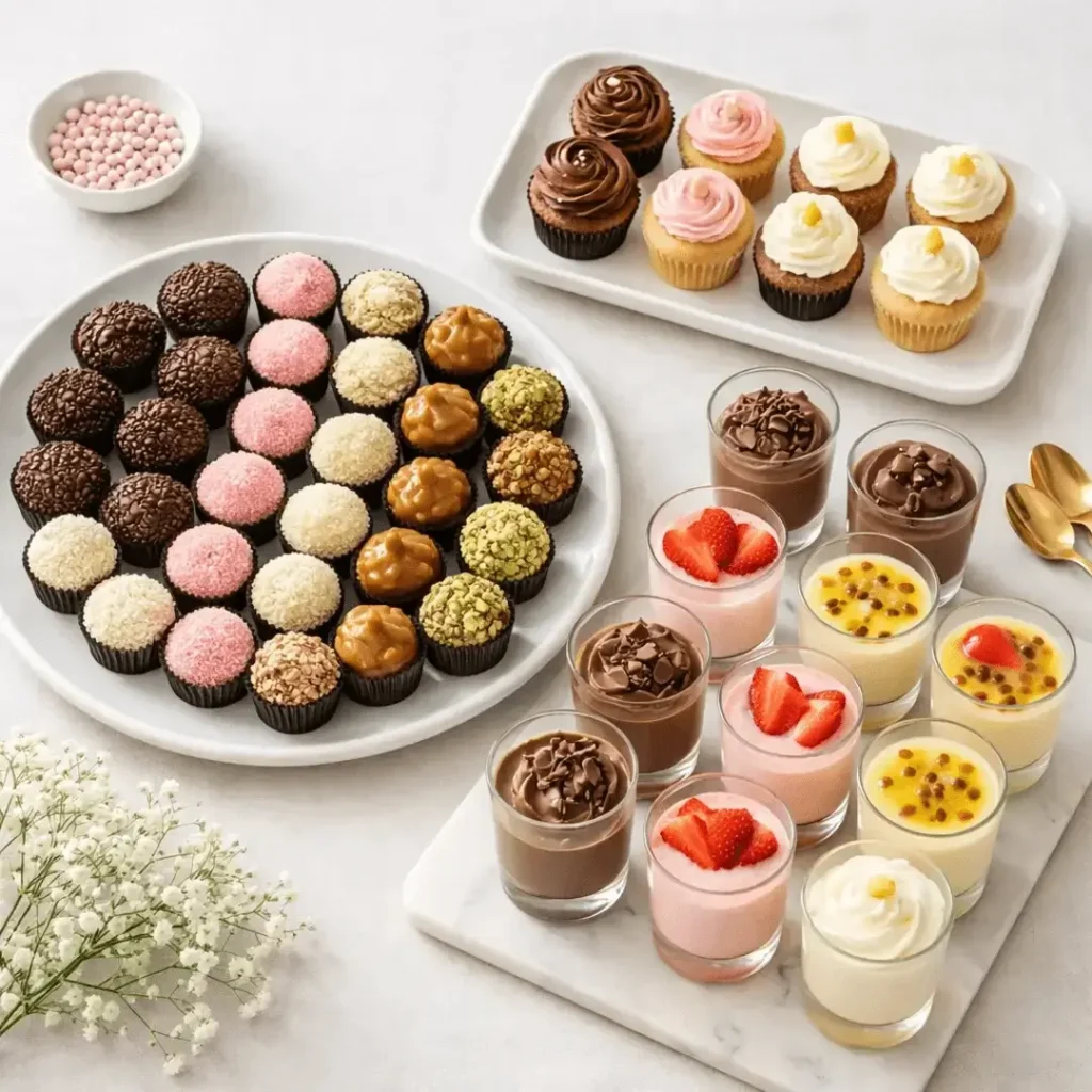 Visão superior de uma mesa de doces com brigadeiros e mousses coloridos